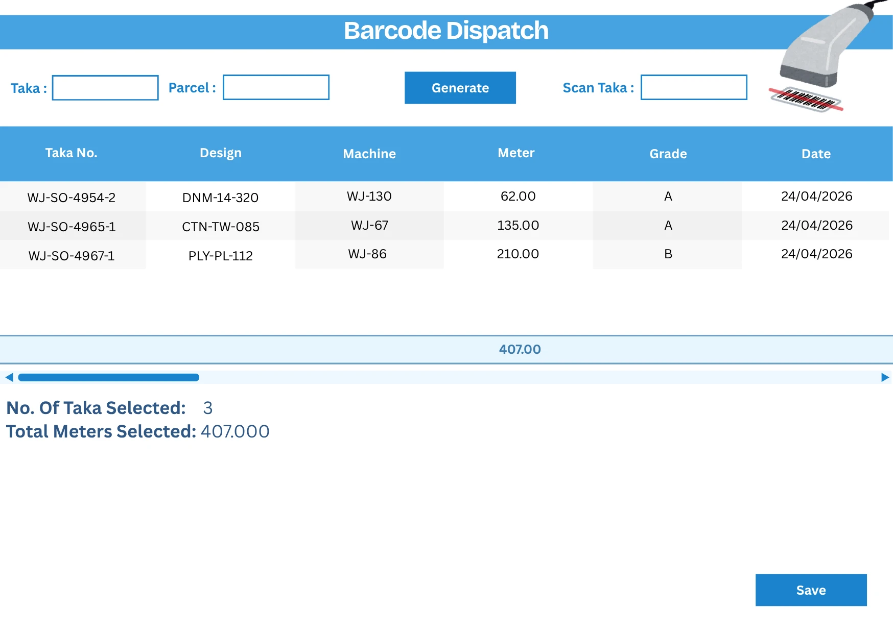 Barcode Dispatch screen — scan-driven taka selection with design, machine, meter, grade, and date per taka, plus running totals